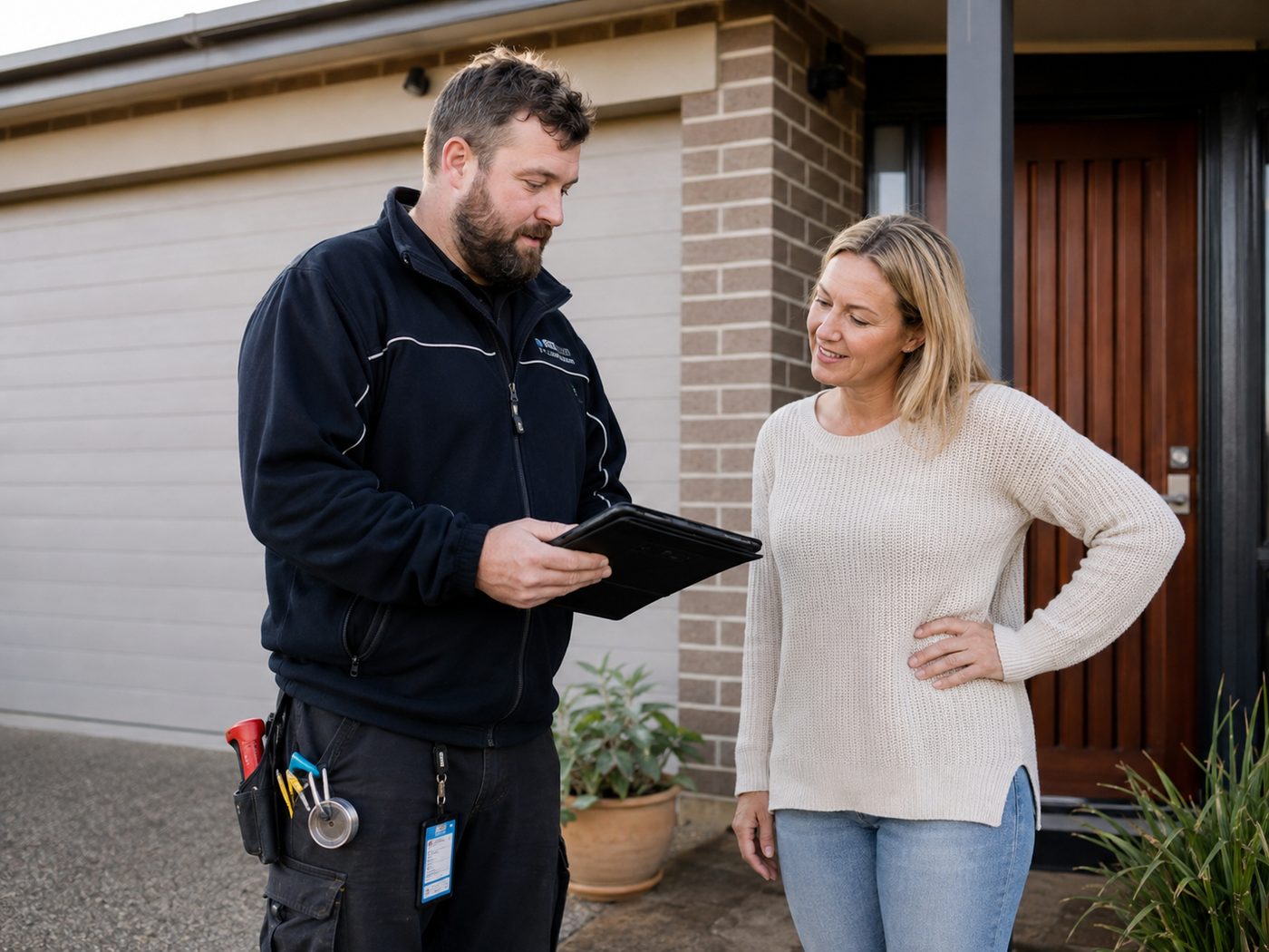 A tradesperson and a homeowner talking at a doorway after a job.
