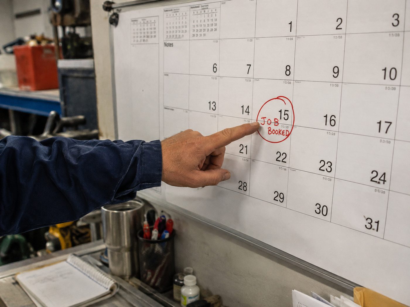 A finger pointing at a date on a calendar.
