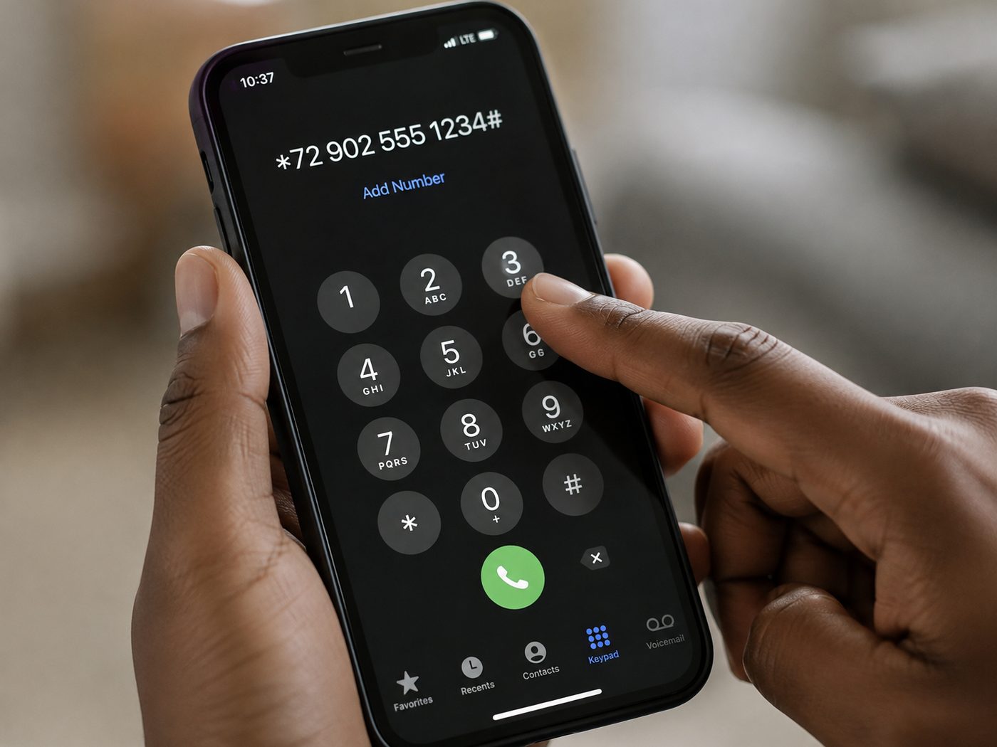A close-up of a hand dialling a code on a phone keypad.