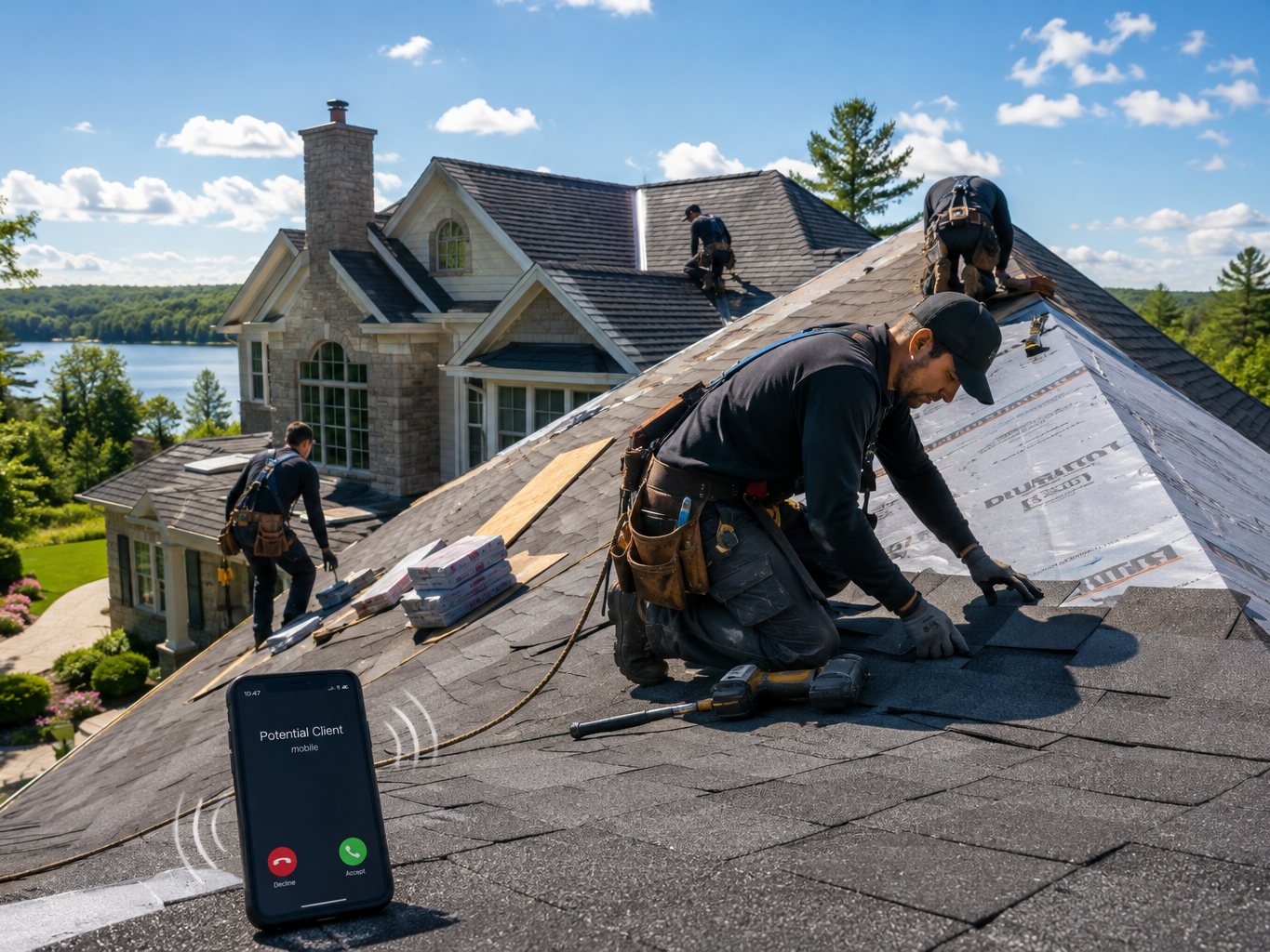 A phone propped on a roof ringing with an incoming call, while a roofing crew works behind it.